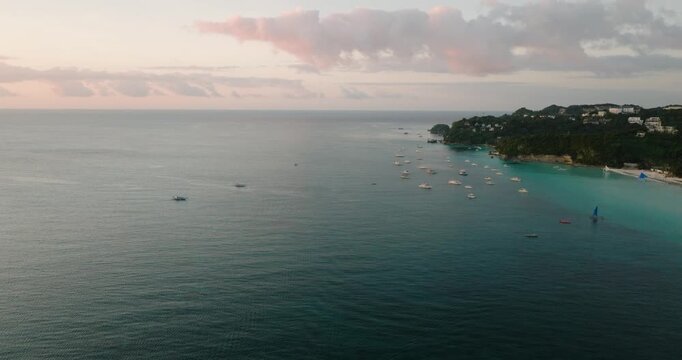 Tropical landscape of tourist boats in Boracay Island. Philippines.