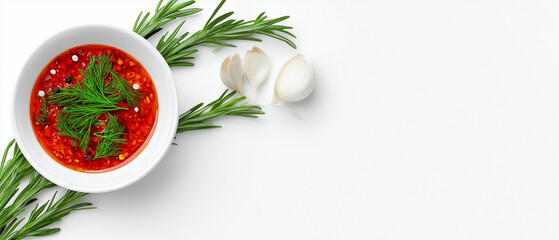 Bowl of spicy red sauce with herbs and garlic on white background, banner header format
