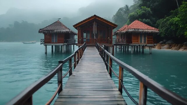 Aerial view of a serene seascape with a wooden pier leading to a row of thatchedroofed houses on stilts, set against a backdrop of misty mountains and lush greenery. The sky is overcast.