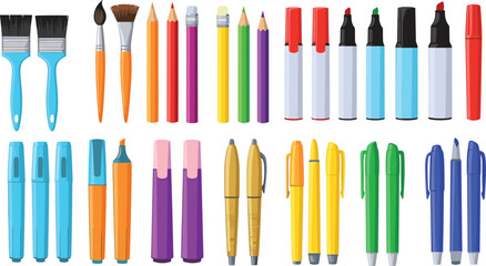 Art supplies illustration set, colorful pens pencils markers brushes, stationery collection for drawing writing highlighting, school office tool design