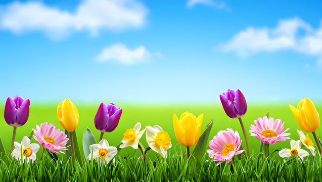 Springtime Blooms: A vibrant row of tulips and other spring flowers bursts with color against a backdrop of green fields and a blue sky dotted with fluffy clouds.
