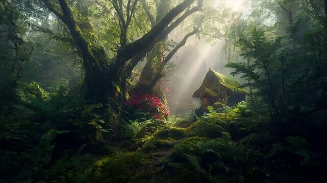 A vivid portrayal of a lush, verdant forest scene with a solitary, rustic wooden hut nestled amidst dense foliage. The hut, with its green mosscovered roof.