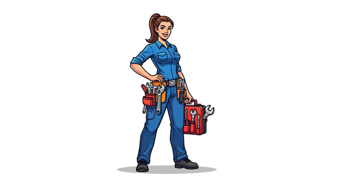 Confident female mechanic character in blue overalls holding a toolbox and wrench. A skilled handywoman mascot illustration isolated on a white background