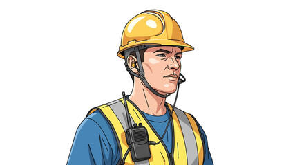 Industrial worker or construction foreman wearing a hard hat and safety vest, communicating on a two-way radio for site safety and coordination