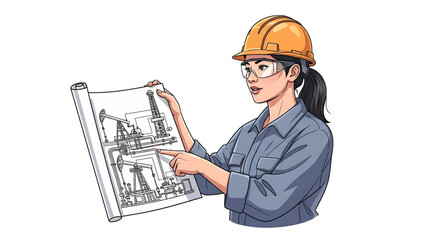 Female Engineer Reviewing Oil Rig Blueprints Planning, Industry, and Technical Expertise Illustrated