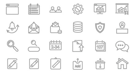 A versatile collection of thin line icons representing web admin actions, dashboard controls, system management