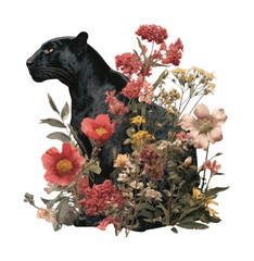 Naklejka premium PNG Panther surrounded by vibrant flowers.