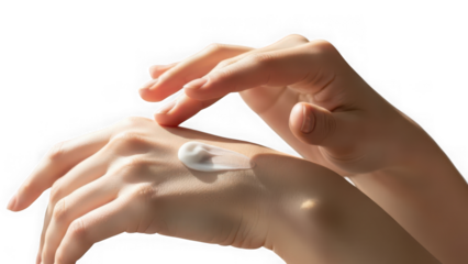 Hands applying moisturizing cream to the back of one hand, emphasizing skin care, beauty, and hydration, isolated on transparent background