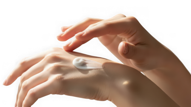 Hands applying moisturizing cream to the back of one hand, emphasizing skin care, beauty, and hydration, isolated on transparent background