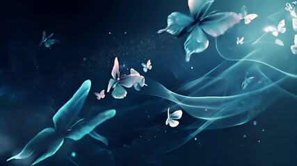 A digital artwork featuring a butterfly in flight against a cosmic backdrop. The butterfly is rendered in a translucent blue hue, contrasting with the deep blue of the surrounding space.
