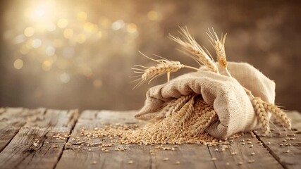 A closeup of wheat grains spilling out of a burlap sack onto a rustic wooden surface. The wheat grains are golden in color, contrasting with the dark brown of the sack and the wooden table.