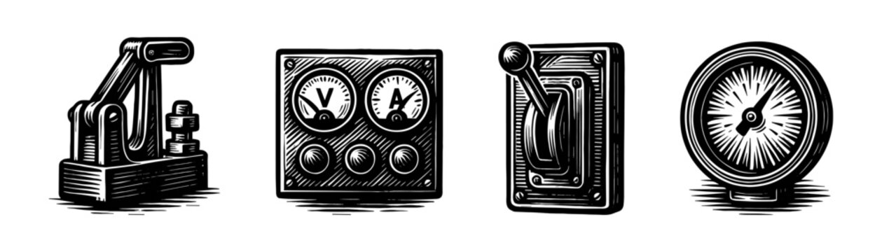 Industrial controls vintage engraving icons set, levers valves pressure gauges