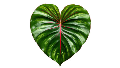 Heart-shaped, vibrant green leaf with red veins, on a stark black background