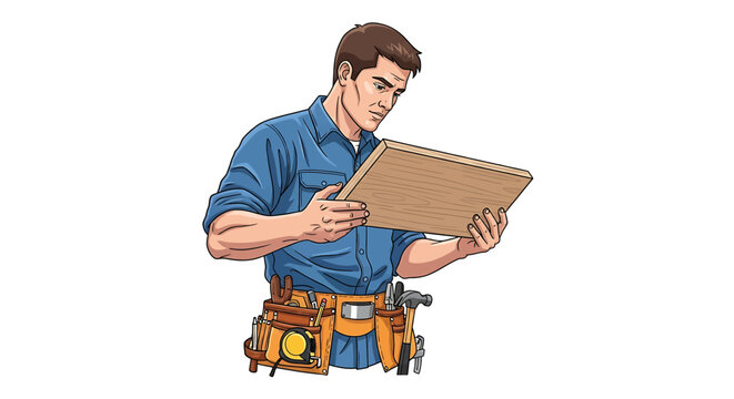 A professional carpenter in a tool belt carefully inspects a wooden plank for a construction or woodworking project