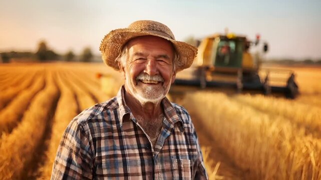 A man in a straw hat and checkered shirt stands in a wheat field during what appears to be the golden hour, with the sun casting a warm, golden hue over the scene.