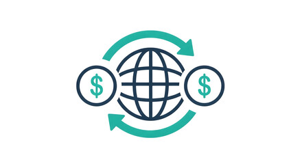 Global money transfer icon with arrows and dollar coins on black background global finance currency exchange isolated on a transparent background