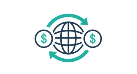 Global money transfer icon with arrows and dollar coins on black background global finance currency exchange isolated on a transparent background