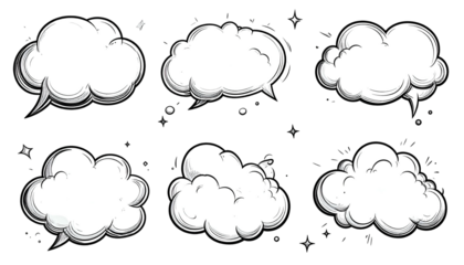 Six white, cloud-shaped comic book speech bubbles against a black background