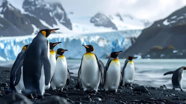 Penguins on rocky shore with snow covered mountains in the background