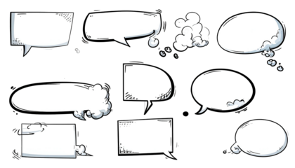 Collection of blank, hand-drawn speech bubbles in various shapes, on a black background
