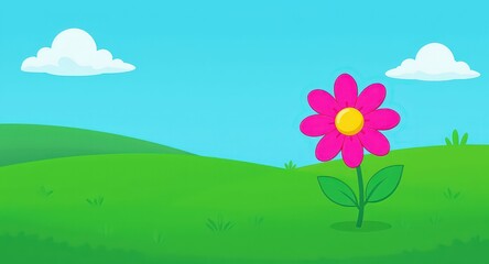 Obraz premium Cartoon Style Pink Flower Blooming in a Green Grassy Field Under Blue Sky yellow center green leaves