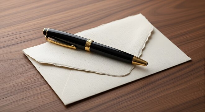 Elegant black and gold fountain pen placed on a textured handmade envelope on a wooden desk for important correspondence concept and personal message