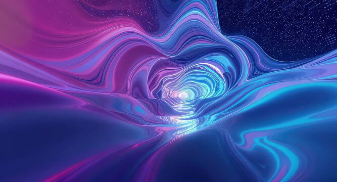 Abstract flowing tunnel with neon pink and blue light and digital particles background