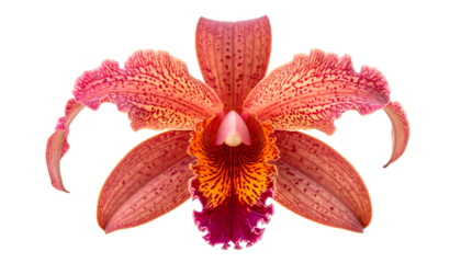 A single, close-up, vibrant orchid bloom with intricate patterns against a black background