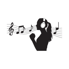 Silhouette of a person enjoying music with musical notes