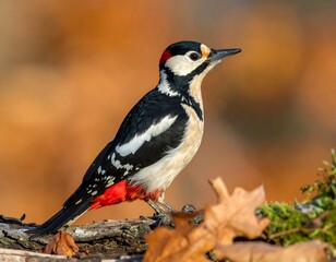 Naklejka premium Perched bird with black, white, and red plumage, vibrant autumn foliage