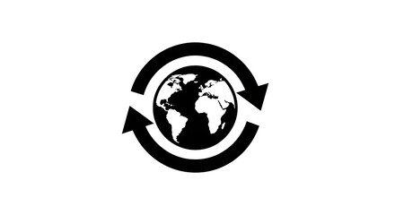 White outline of Earth with circular arrows indicating rotation on black background globe world isolated on a transparent background