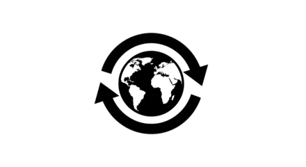 White outline of Earth with circular arrows indicating rotation on black background globe world isolated on a transparent background