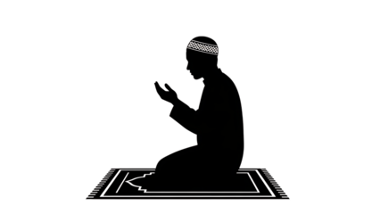 White Outline Silhouette Of A Man Praying On A Rug With Islamic Geometric Pattern muslim isolated on a transparent background