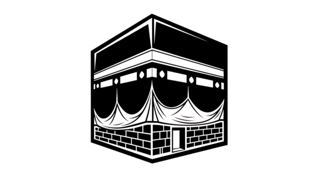 White Outline Drawing of the Kaaba in Mecca on a Black Background Islam Muslim isolated on a transparent background