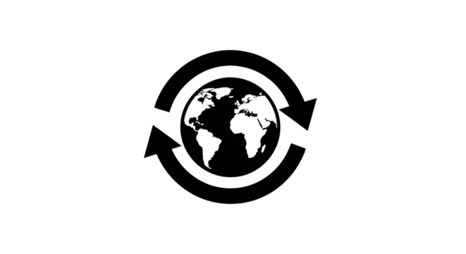 White outline of Earth with circular arrows indicating rotation on black background globe world isolated on a transparent background