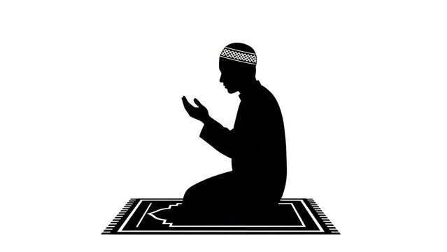 White Outline Silhouette Of A Man Praying On A Rug With Islamic Geometric Pattern muslim isolated on a transparent background
