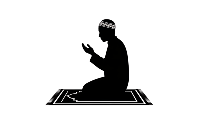 White Outline Silhouette Of A Man Praying On A Rug With Islamic Geometric Pattern muslim isolated on a transparent background