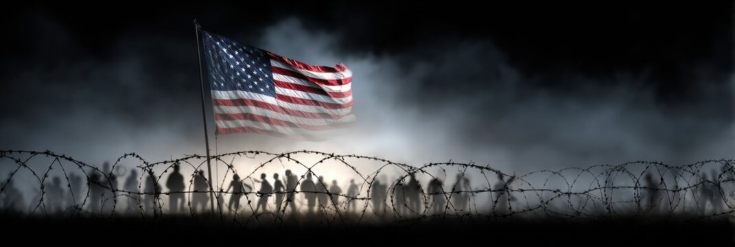 US Flag Waves Over Barbed Wire as Silhouettes Reflect Themes of Migration and Policy at Border