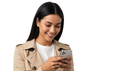 Woman in trench coat looking at smartphone and smiling on black background female isolated on a transparent background