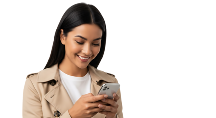 Woman in trench coat looking at smartphone and smiling on black background female isolated on a transparent background