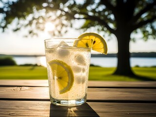 Refreshing lemonade drink with ice and lemon slices outdoors