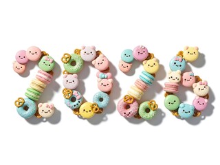 Fototapeta premium Colorful 2023 number design made with various sweet treats against white background