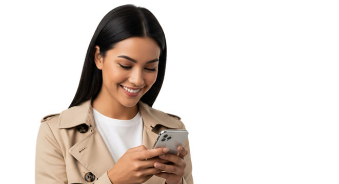 Woman in trench coat looking at smartphone and smiling on black background female isolated on a transparent background