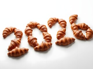 Croissants arranged in a numeric 2026 shape on a white background