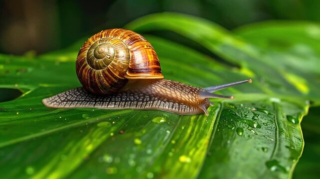 Snail on leaf detailed view of shell and texture in natural environment