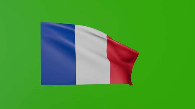 French flag waving in a wind on green screen. Animated French flag waving.