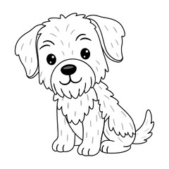 Fluffy cute puppy sitting politely and looking friendly. Doodle style Black and white line art. Ideal for pet themed illustrations, fun ideas for craft projects, coloring pages.