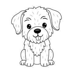 Fluffy puppy Slovakian Pointer or similar breed sitting with tongue out. Doodle style Black and white line art. Ideal for pet themed illustrations, fun ideas for craft projects, coloring pages.