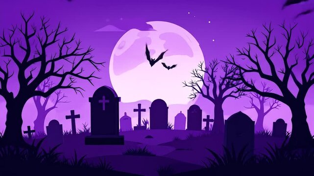 Spooky graveyard scene with bats and full moon silhouette illustration
