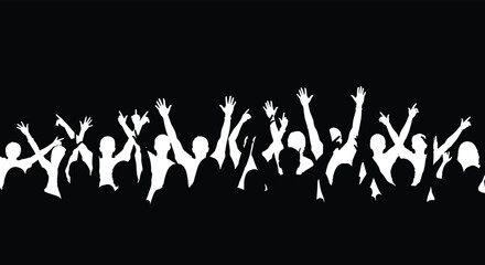 Cheering crowd silhouette, group of people raising hands, concert audience illustration, celebration scene graphic, energetic party crowd design